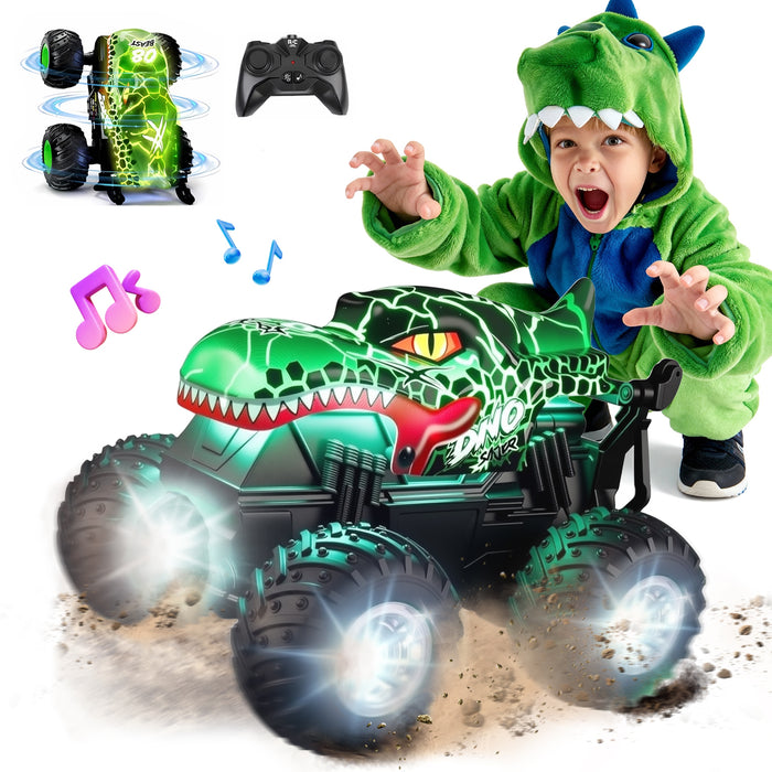 Bezgar Dinosaur Toys RC Cars for Kids 4-7 8-12, RC Monster Trucks for Boys with LED Shell & Wheels