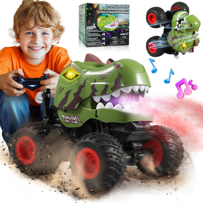 Bezgar 1:20 Camo Dinosaur RC Monster Truck with Spray, Lights & 360° Spins