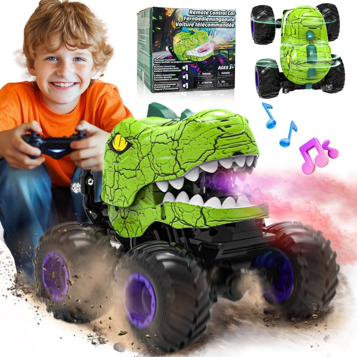 Bezgar RC Monster Truck, 1:20 Dinosaur RC Truck with Spray, Lights & 360° Spins