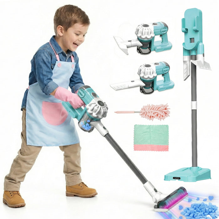 3-in-1 Kids Toy Vacuum Cleaner Set, Play Vacuum with Sounds, 3 Nozzles and Storage Stand