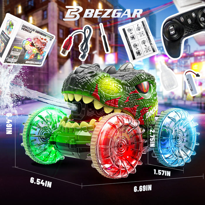 Bezgar Dinosaur RC Truck with Lights & Water Gun, 360° Spins