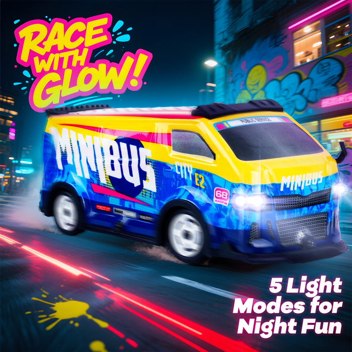 Bezgar 4WD RC Bus Toy with Color-Changing Lights and 2 Spare Tires