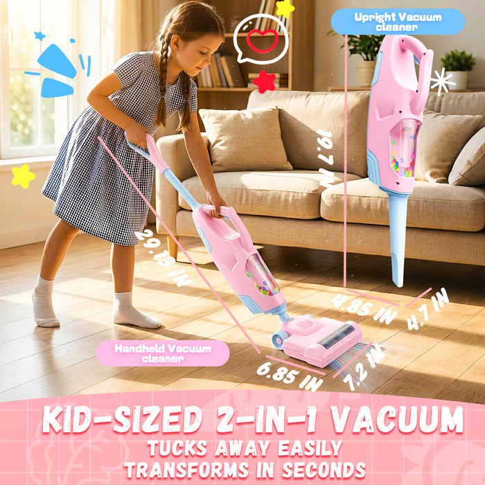 2-in-1 Kids Vacuum, Toy Vacuum Cleaner for Kids with Suction & Sounds, Pretend Play Toy Cleaning Set