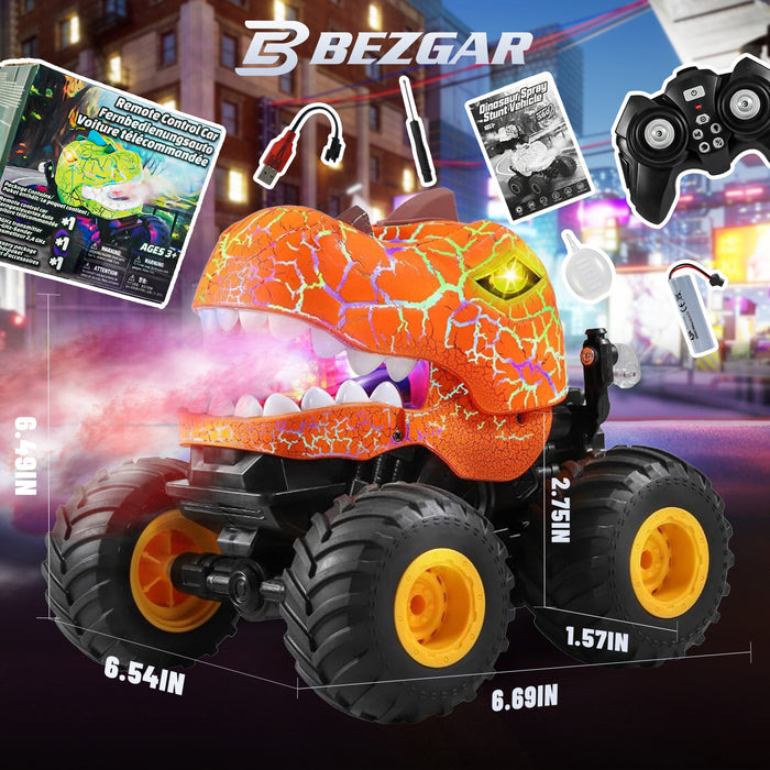 Bezgar RC Monster Truck, 1:20 Dinosaur RC Truck with Spray, Lights & 360° Spins