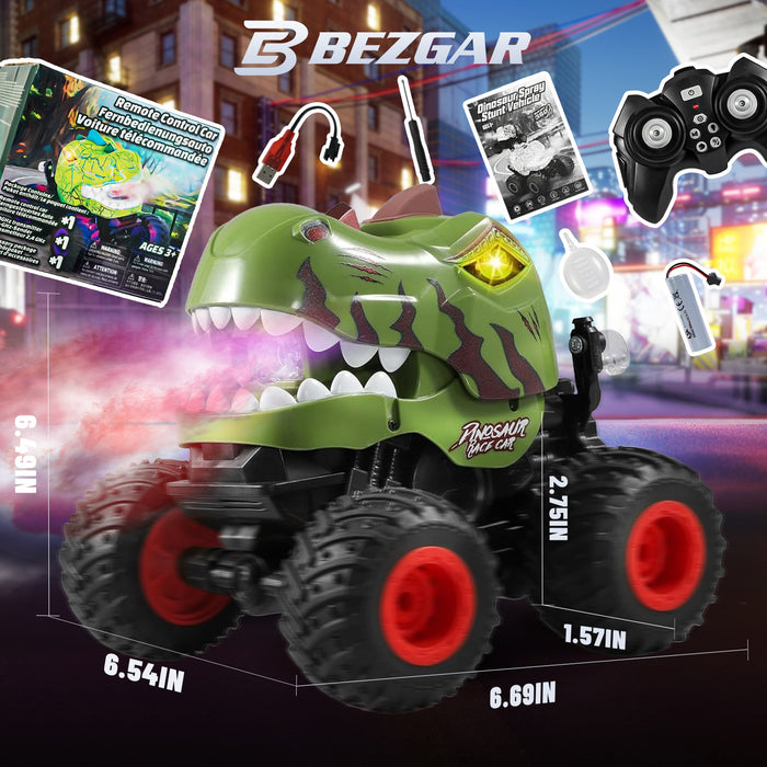 Bezgar 1:20 Camo Dinosaur RC Monster Truck with Spray, Lights & 360° Spins