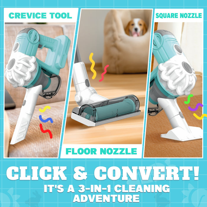 3-in-1 Kids Toy Vacuum Cleaner Set, Play Vacuum with Sounds, 3 Nozzles and Storage Stand