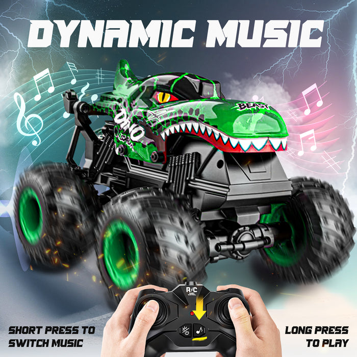 Bezgar Dinosaur Toys RC Cars for Kids 4-7 8-12, RC Monster Trucks for Boys with LED Shell & Wheels