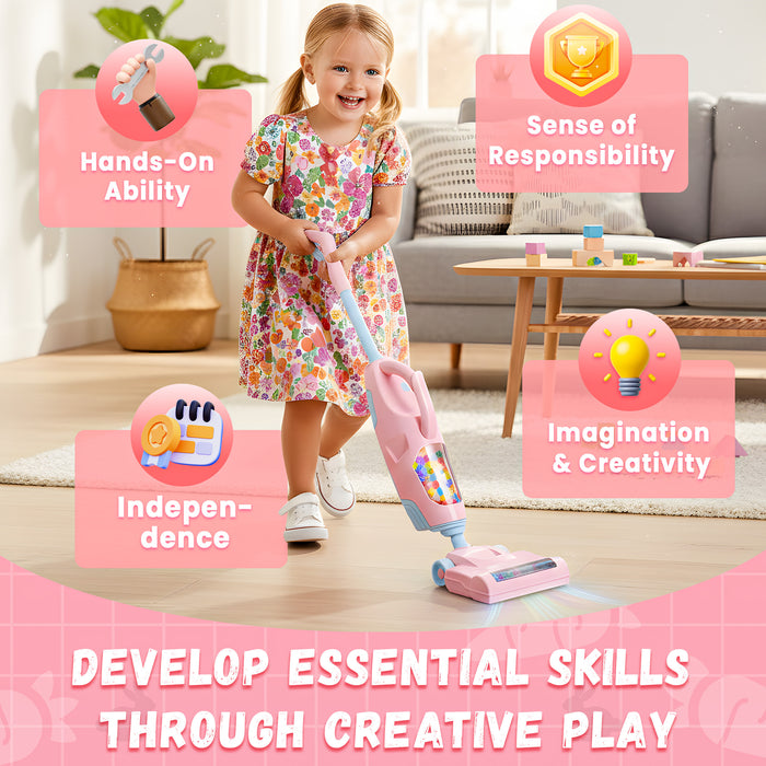 2-in-1 Kids Vacuum, Toy Vacuum Cleaner for Kids with Suction & Sounds, Pretend Play Toy Cleaning Set