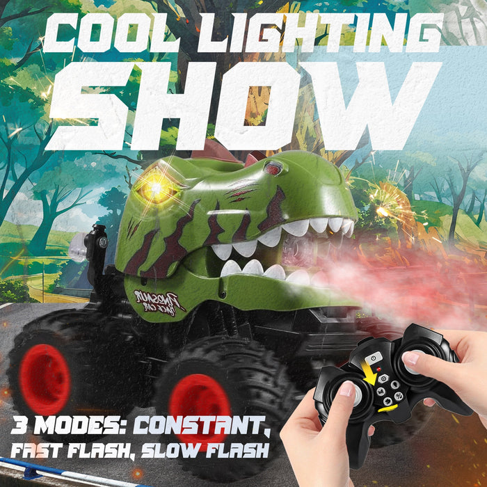 Bezgar 1:20 Camo Dinosaur RC Monster Truck with Spray, Lights & 360° Spins