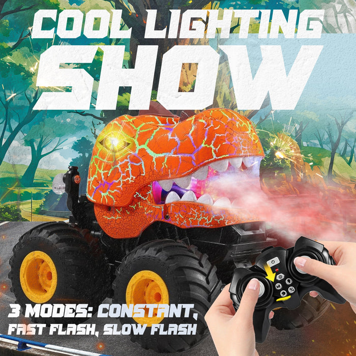 Bezgar RC Monster Truck, 1:20 Dinosaur RC Truck with Spray, Lights & 360° Spins