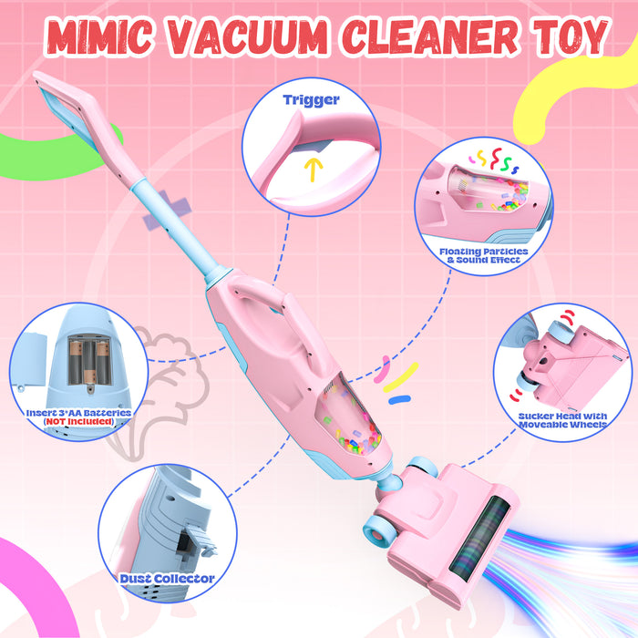 2-in-1 Kids Vacuum, Toy Vacuum Cleaner for Kids with Suction & Sounds, Pretend Play Toy Cleaning Set