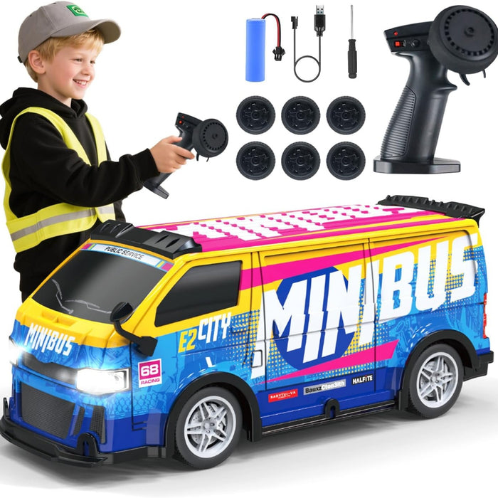 Bezgar 4WD RC Bus Toy with Color-Changing Lights and 2 Spare Tires