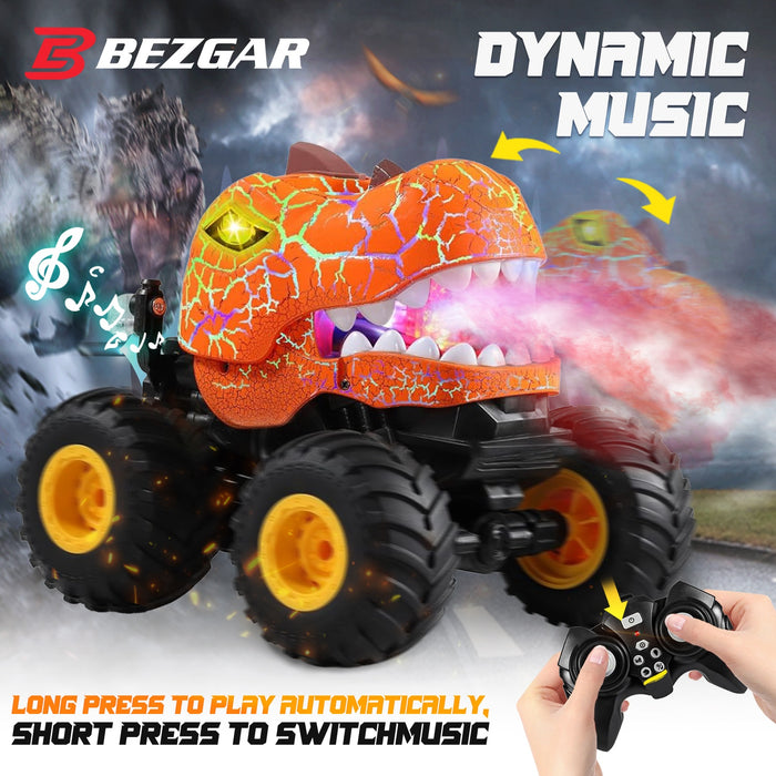 Bezgar RC Monster Truck, 1:20 Dinosaur RC Truck with Spray, Lights & 360° Spins