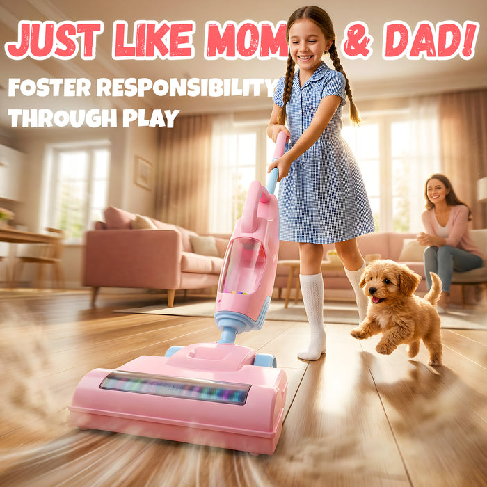 2-in-1 Kids Vacuum, Toy Vacuum Cleaner for Kids with Suction & Sounds, Pretend Play Toy Cleaning Set