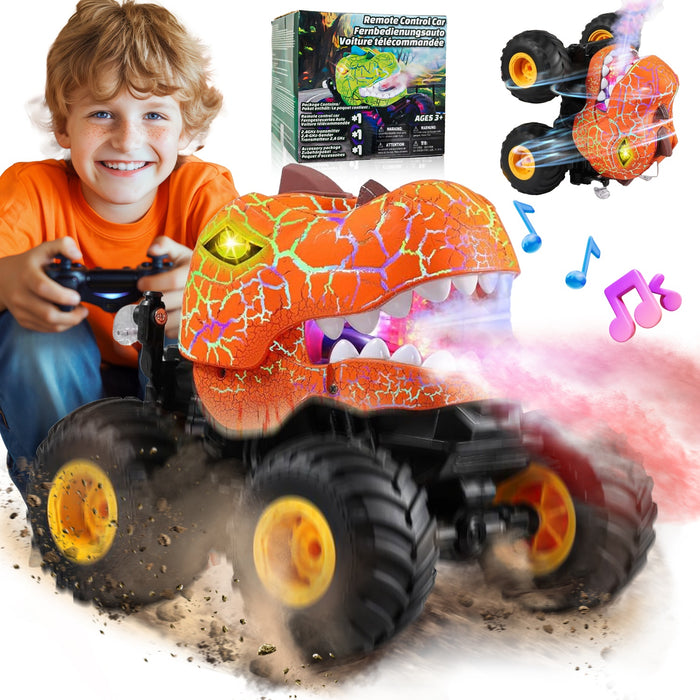 Bezgar RC Monster Truck, 1:20 Dinosaur RC Truck with Spray, Lights & 360° Spins