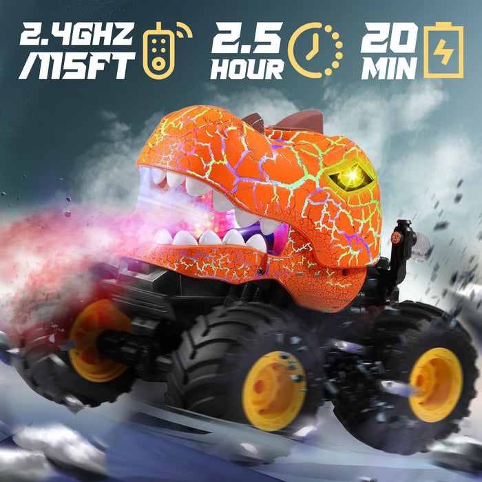 Bezgar RC Monster Truck, 1:20 Dinosaur RC Truck with Spray, Lights & 360° Spins