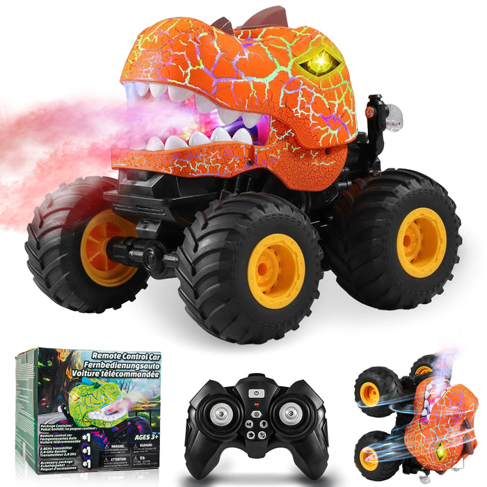 Bezgar RC Monster Truck, 1:20 Dinosaur RC Truck with Spray, Lights & 360° Spins