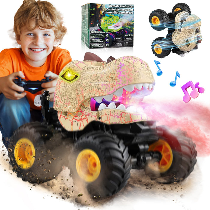 Bezgar RC Monster Truck, 1:20 Dinosaur RC Truck with Spray, Lights & 360° Spins
